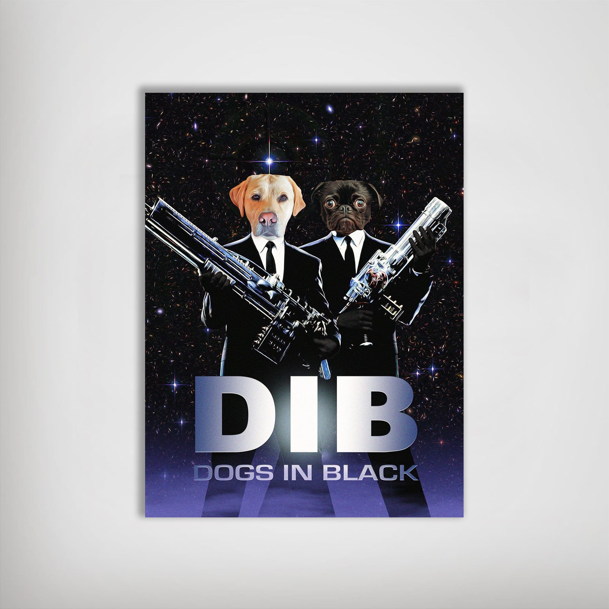 Personalized "Dogs in Black" poster featuring a yellow lab and a pug in suits holding futuristic guns.
