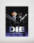 Personalized "Dogs in Black" poster featuring a yellow lab and a pug in suits holding futuristic guns.