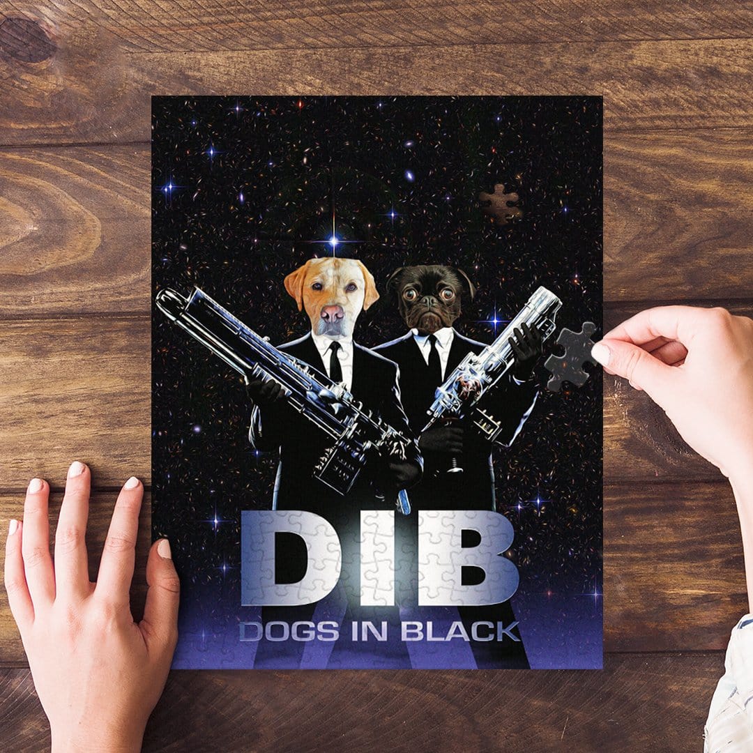 Custom 2-pet puzzle featuring dogs in black suits holding guns against a starry background.