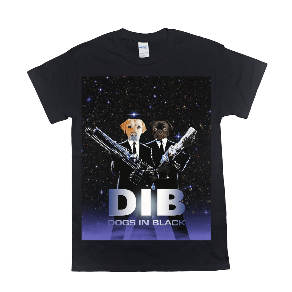 Black Gildan unisex t-shirt featuring two dogs in black suits holding futuristic guns, with "DIB DOGS IN BLACK" text.