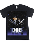 Black Gildan unisex t-shirt featuring two dogs in black suits holding futuristic guns, with "DIB DOGS IN BLACK" text.