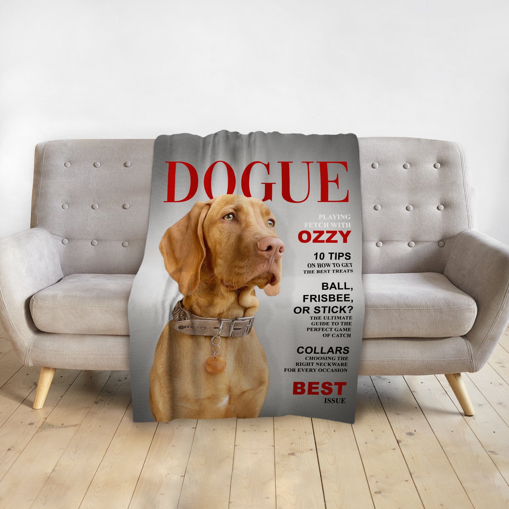 Personalized Dogue magazine cover pet blanket featuring a Vizsla dog portrait on a grey couch.