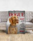 Personalized Dogue magazine cover pet blanket featuring a Vizsla dog portrait on a grey couch.