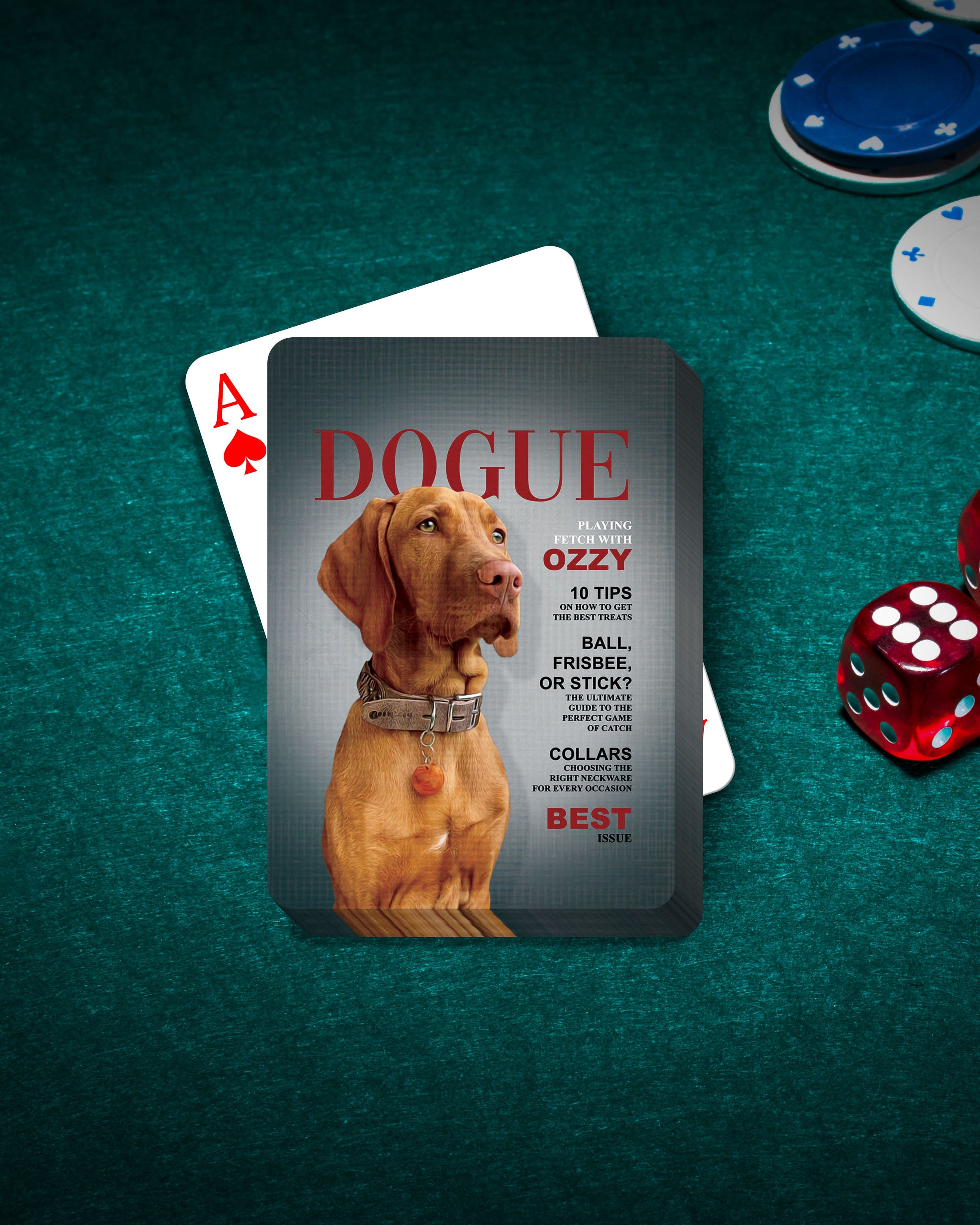 Custom Dogue playing cards with a Vizsla dog portrait on a magazine-style cover, on a green felt table.