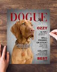 Personalized 'Dogue' magazine cover puzzle featuring a Vizsla dog, assembled on a wooden surface.