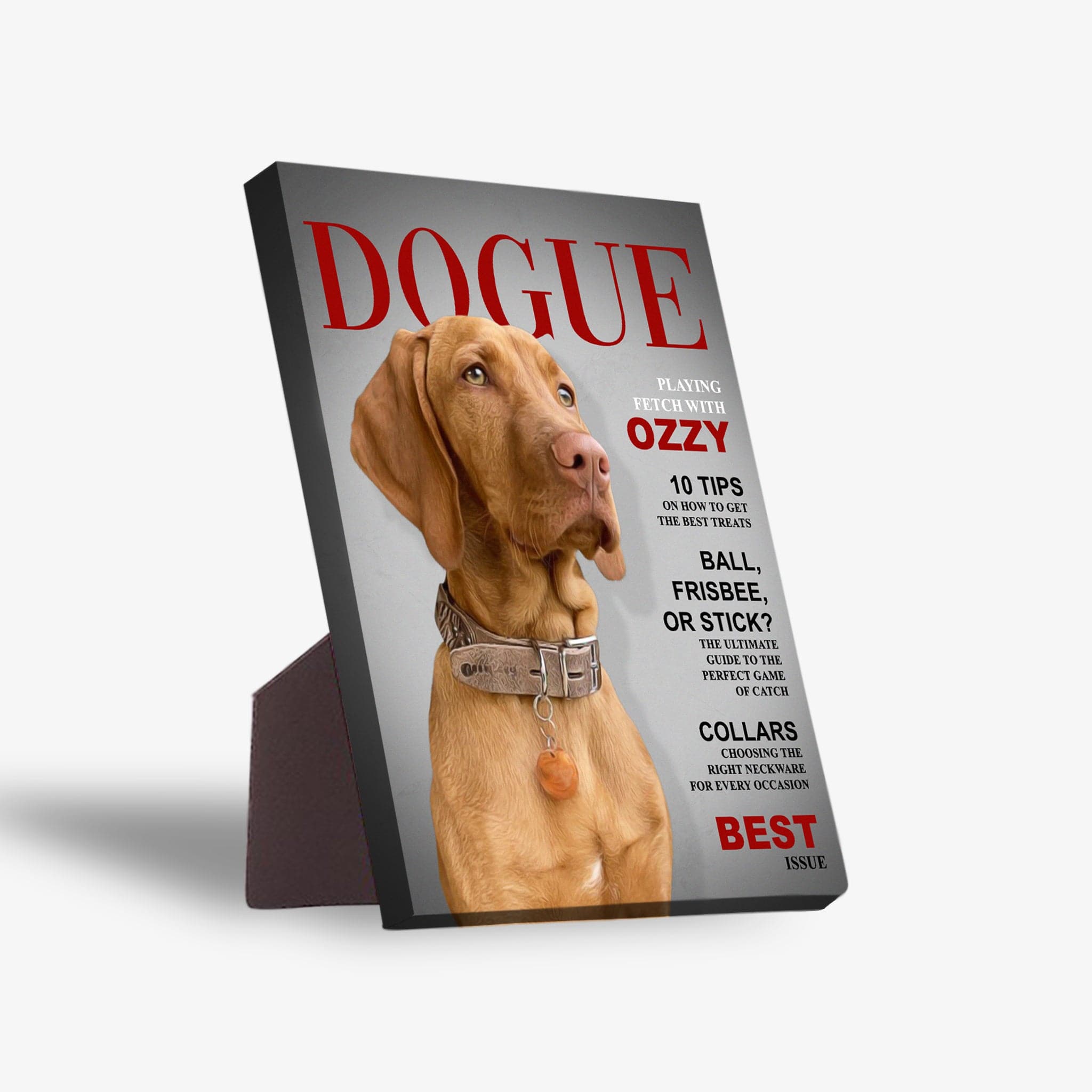 Personalized 'Dogue' standing canvas featuring a Vizsla dog on a magazine cover with a sturdy stand.