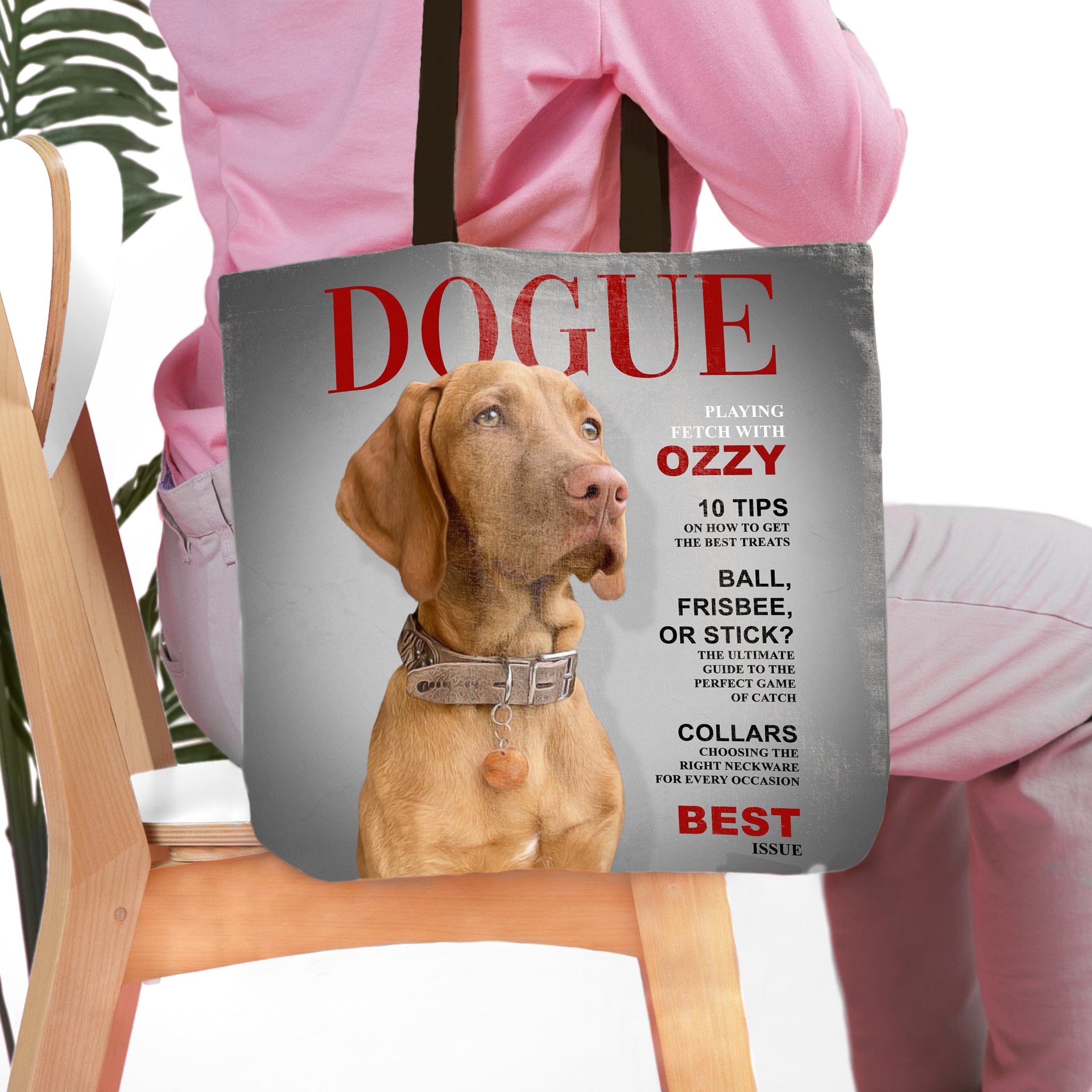 Personalized 'Dogue' tote bag featuring a custom Vizsla dog portrait in a magazine cover style.