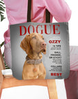 Personalized 'Dogue' tote bag featuring a custom Vizsla dog portrait in a magazine cover style.