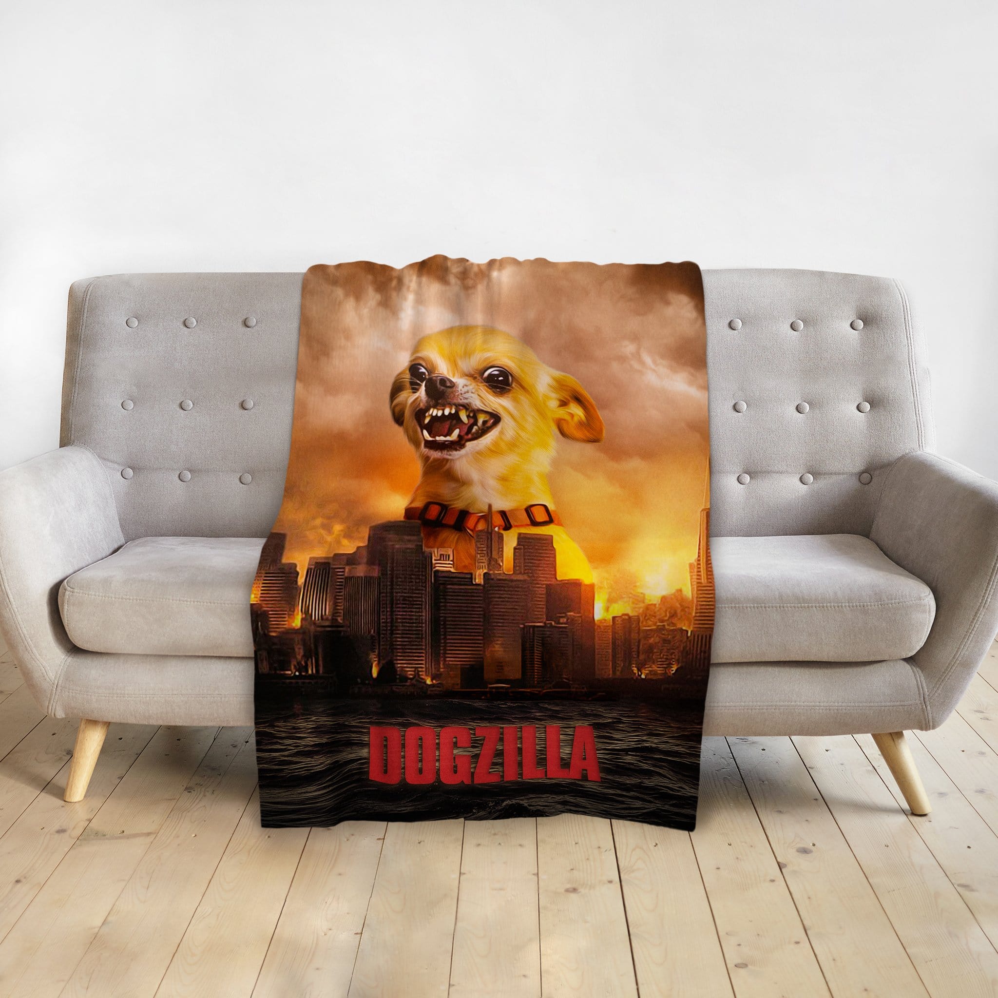 Personalized Dogzilla pet blanket featuring a chihuahua portrait over a city skyline.
