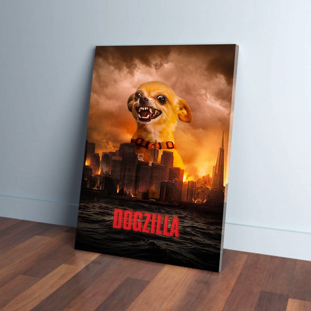 Personalized Dogzilla canvas featuring a chihuahua towering over a city skyline with an orange, fiery sky.