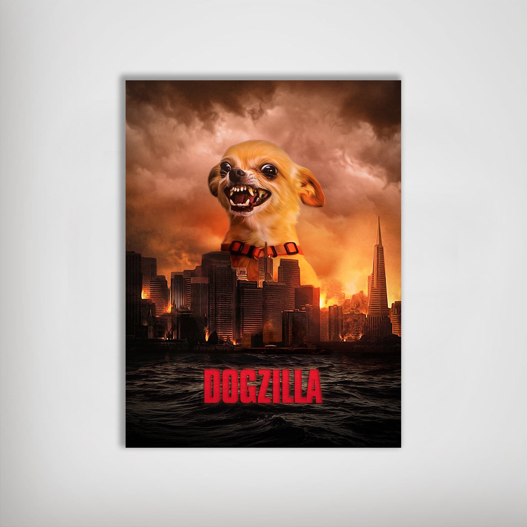 Personalized 'Dogzilla' pet poster featuring a chihuahua over a burning city skyline.