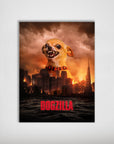 Personalized 'Dogzilla' pet poster featuring a chihuahua over a burning city skyline.