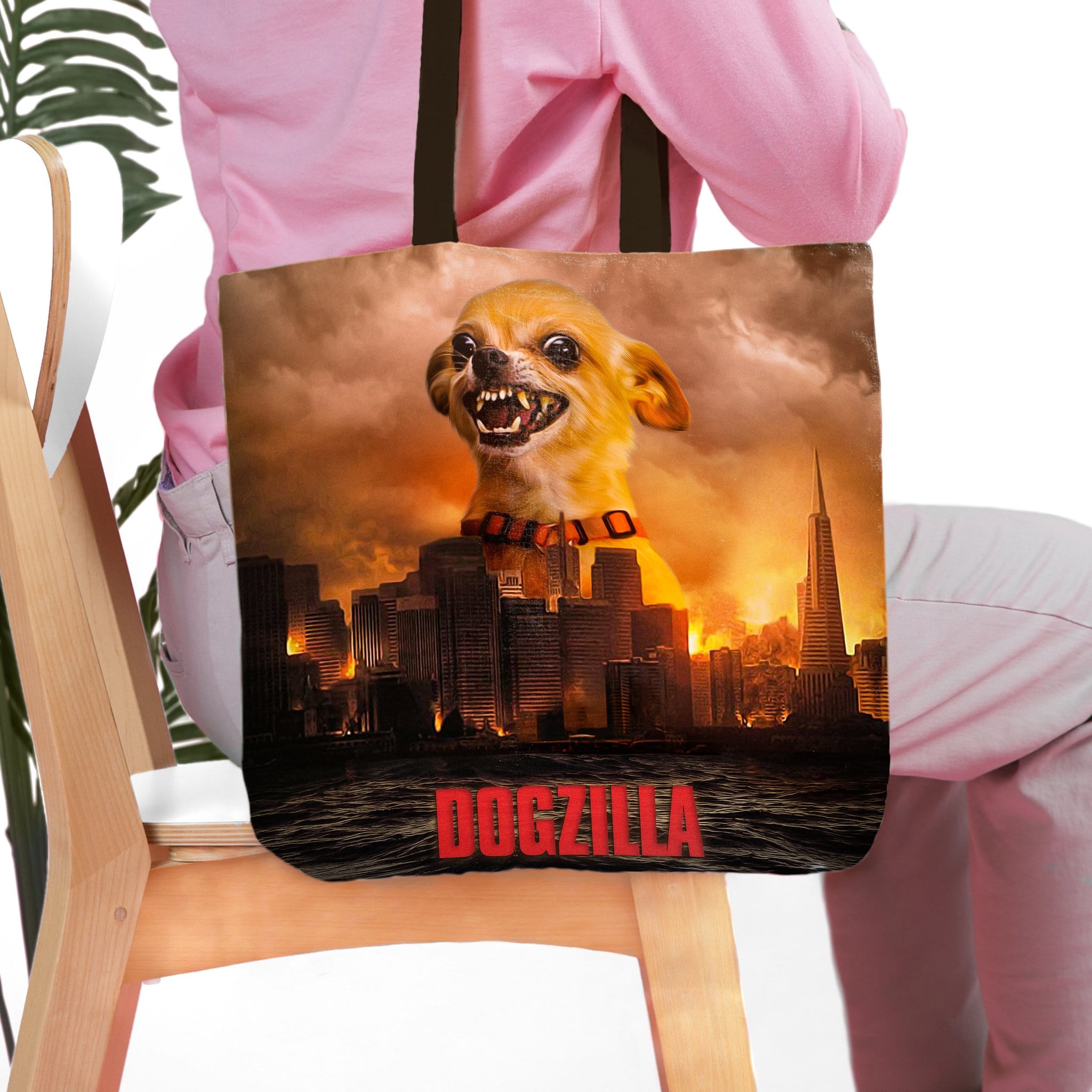 Personalized 'Dogzilla' tote bag with a custom pet portrait of a chihuahua over a burning city.