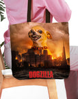 Personalized 'Dogzilla' tote bag with a custom pet portrait of a chihuahua over a burning city.