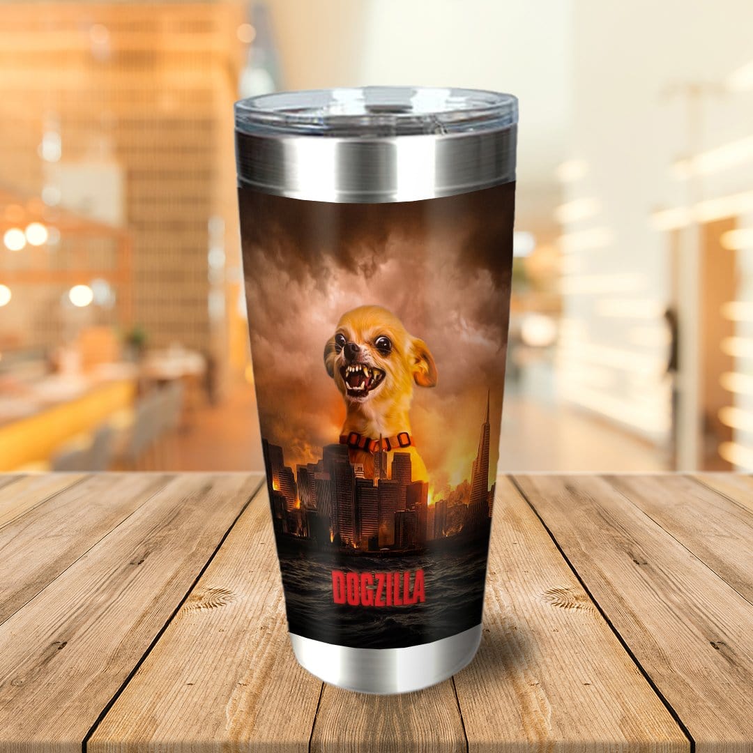 Personalized stainless steel tumbler with a "Dogzilla" cartoon chihuahua destroying a city.