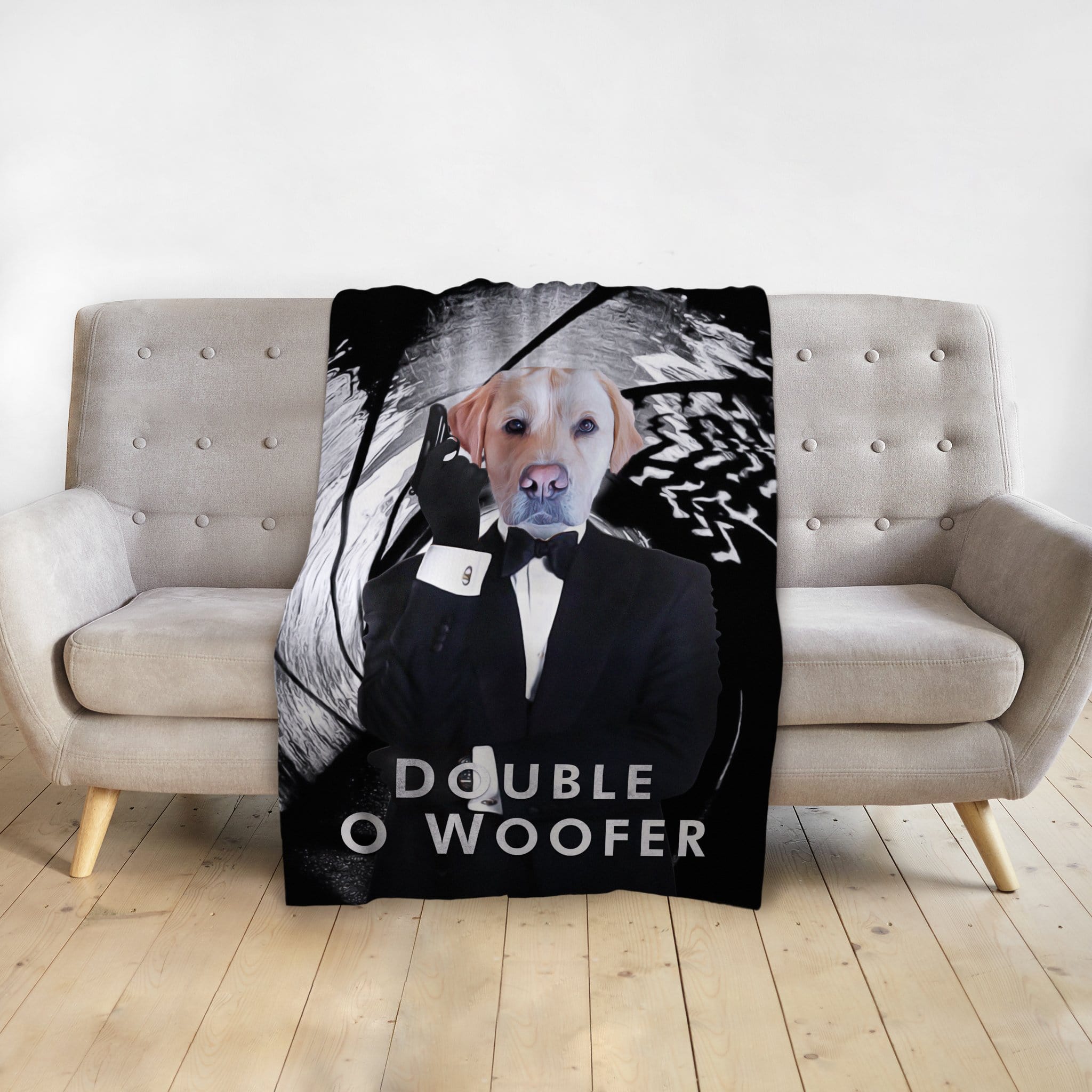 Personalized pet blanket with a Doggovinci portrait of a labrador in a black tuxedo, "Double O Woofer" text.