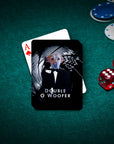 Personalized playing cards featuring a dog in a tuxedo, "Double O Woofer" design, on a green felt table.