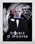 Personalized "Double O Woofer" poster featuring a golden retriever in a tuxedo holding a gun, against a black and white spiral background.