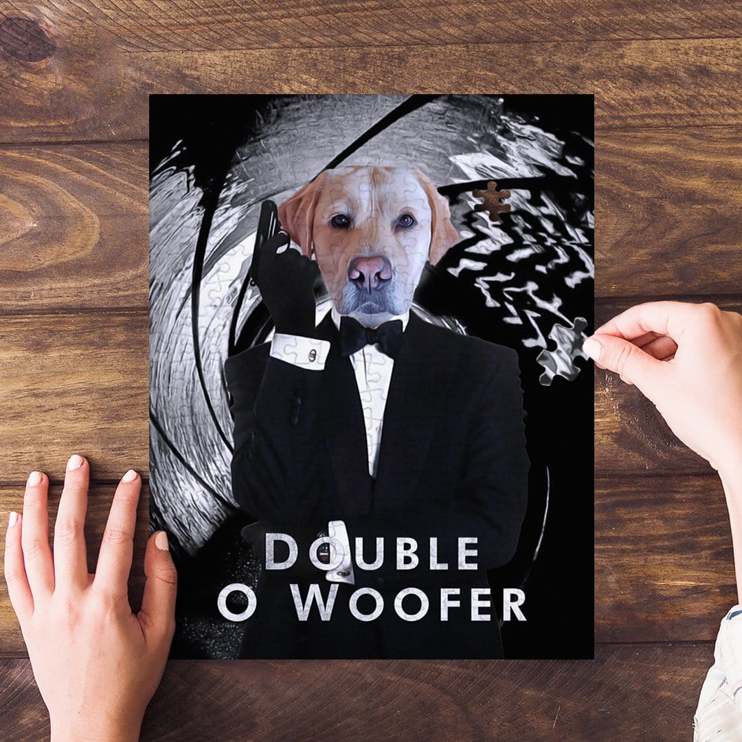 Personalized 'Double O Woofer' custom pet puzzle featuring a Labrador in a tuxedo, held by hands.