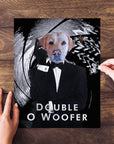 Personalized 'Double O Woofer' custom pet puzzle featuring a Labrador in a tuxedo, held by hands.