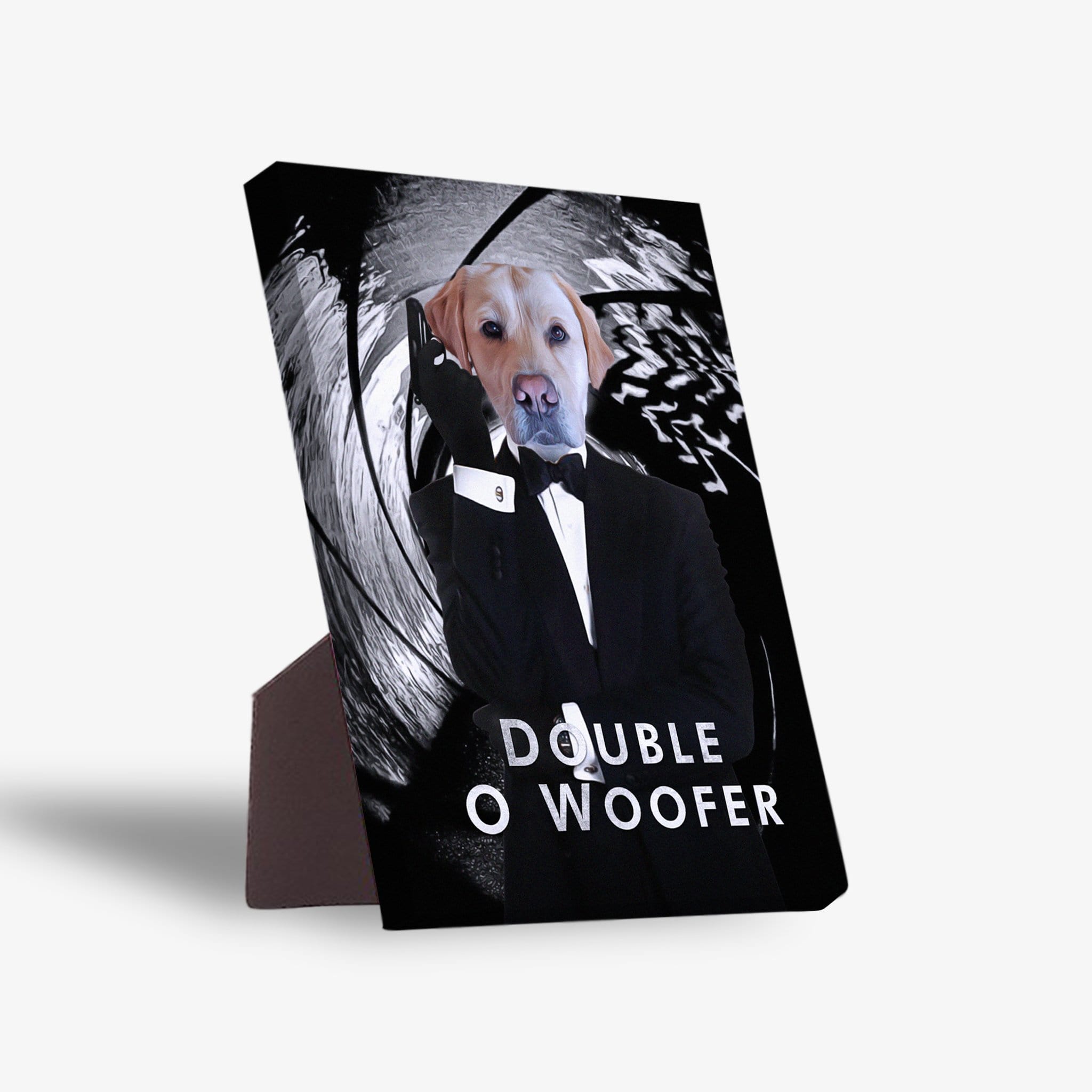 Personalized 'Double O Woofer' pet standing canvas featuring a yellow lab in a tuxedo.