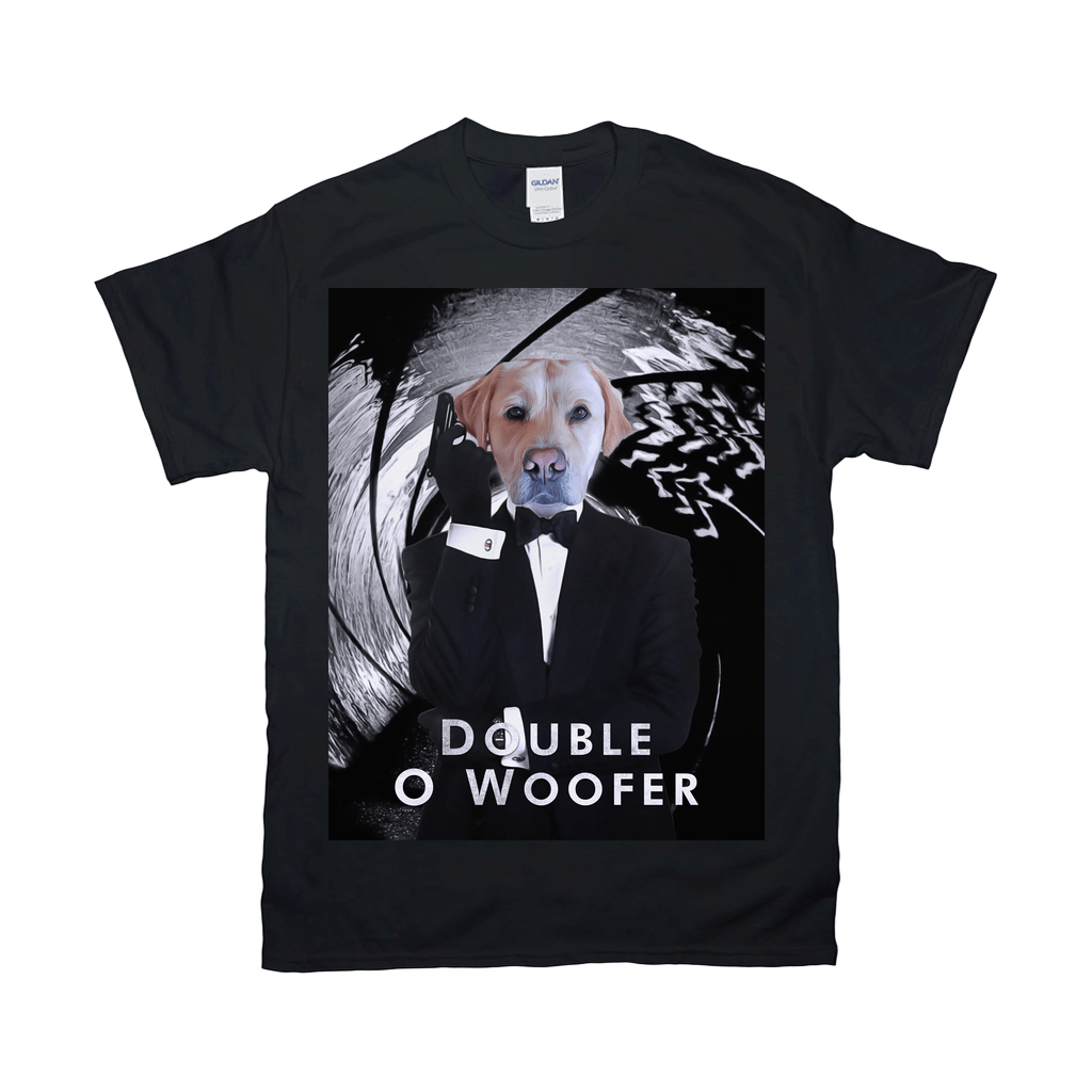 Black Gildan t-shirt with a "Double O Woofer" design featuring a dog in a tuxedo holding a gun.