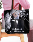 Personalized black tote bag with a custom Labrador dog portrait in a 'Double O Woofer' spy suit design.
