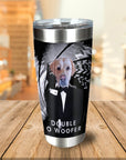 Personalized stainless steel tumbler with a custom portrait of a dog in a tuxedo, "Double O Woofer" text.
