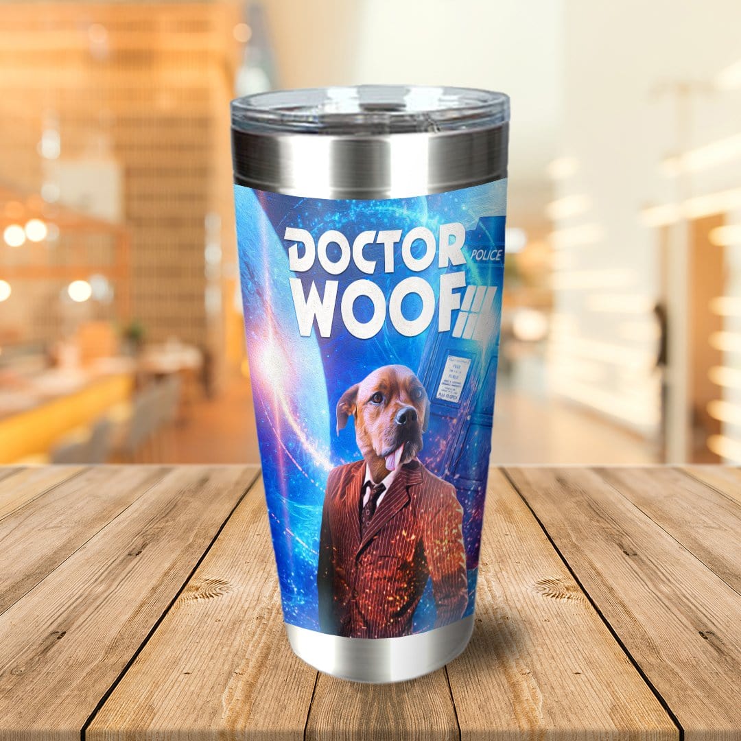 Personalized stainless steel tumbler with a dog in a Doctor Who costume, "Doctor Woof" text, and blue galaxy background.