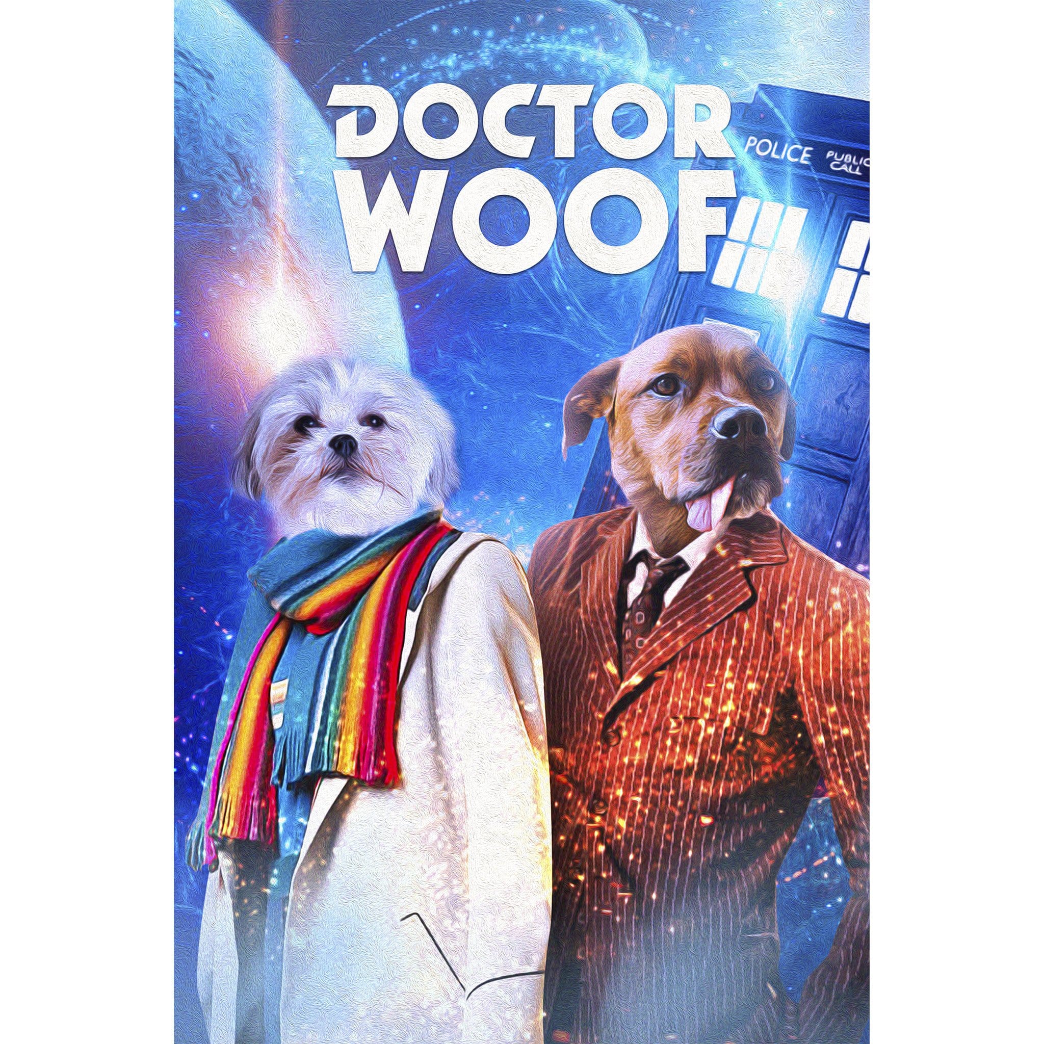 Custom digital portrait of two pets as Doctor Who characters, "Doctor Woof" title.