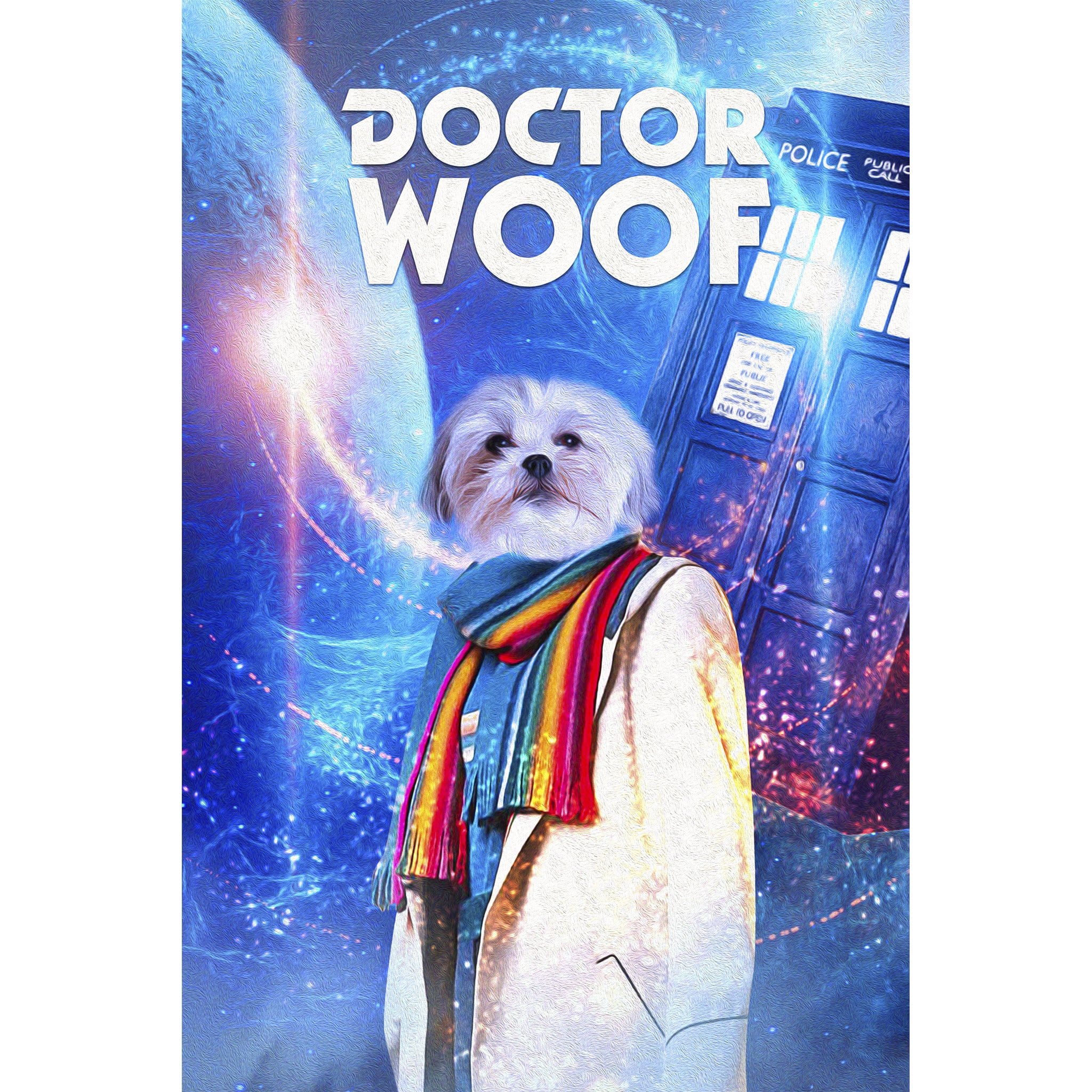 Custom digital portrait of a white dog as 'Doctor Woof' with a rainbow scarf and blue police box.