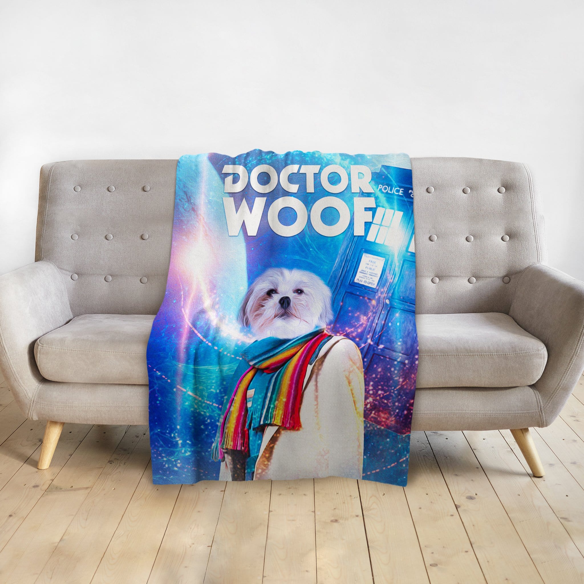Personalized "Dr. Woof" custom pet blanket featuring a Shih Tzu in a Doctor Who-inspired portrait.