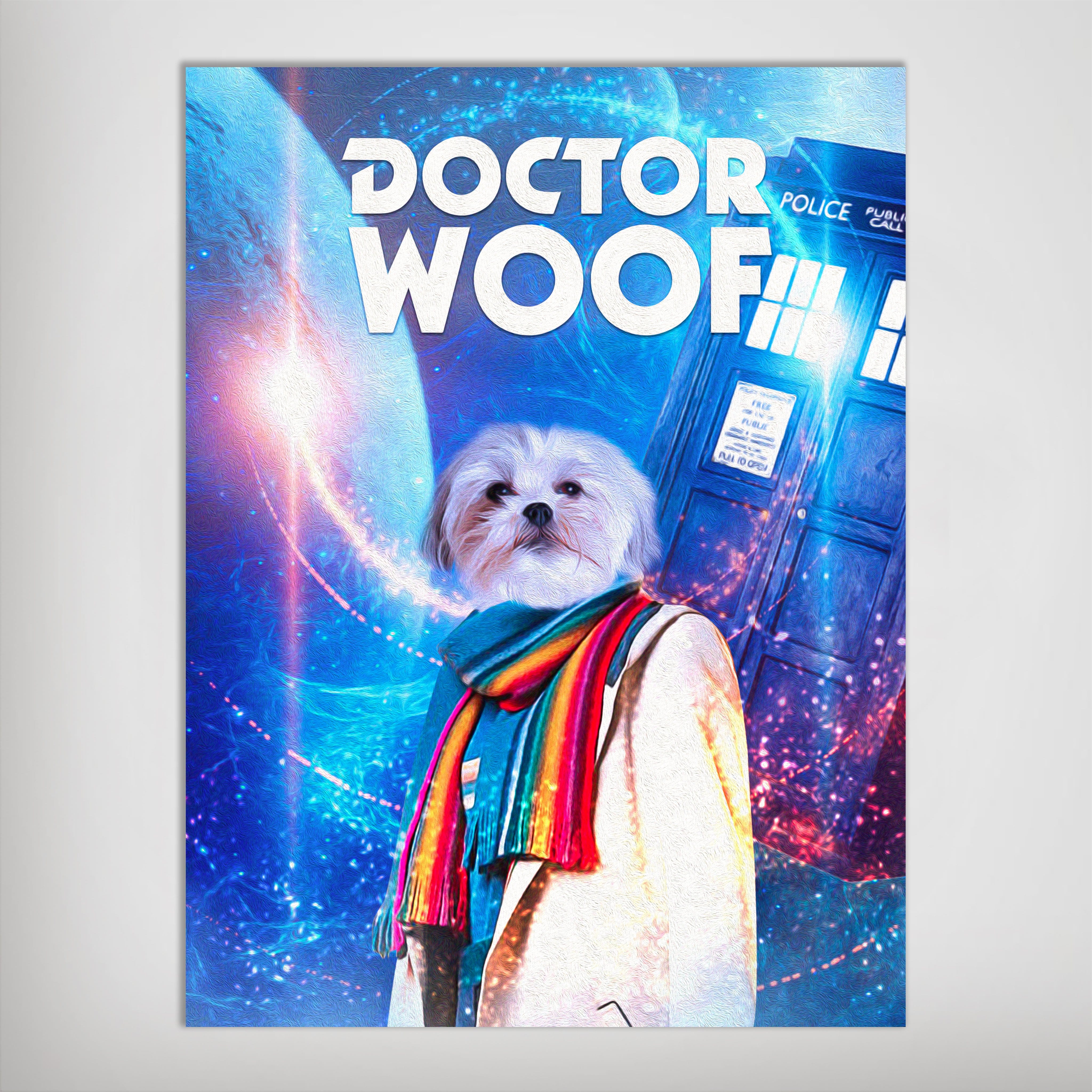 Personalized "Dr. Woof" pet poster featuring a white dog in a coat and rainbow scarf, with a blue police box and space background.