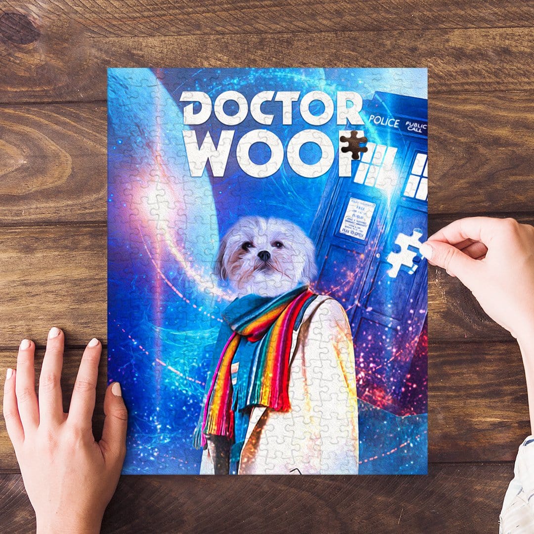 Personalized Dr. Woof female pet puzzle featuring a white dog in a colorful scarf, with a blue background.