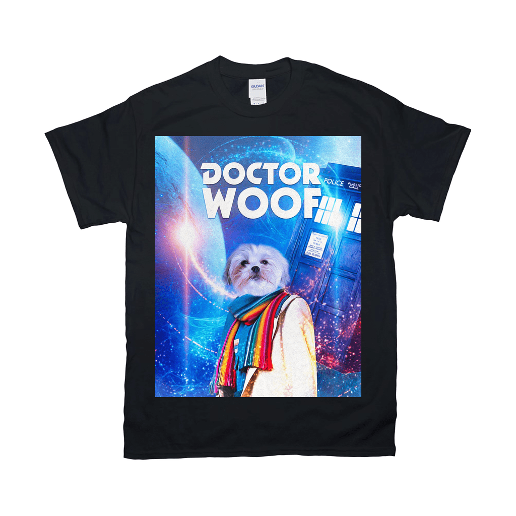 Black Gildan t-shirt with a personalized "Doctor Woof" design featuring a white dog in a scarf and a blue police box.