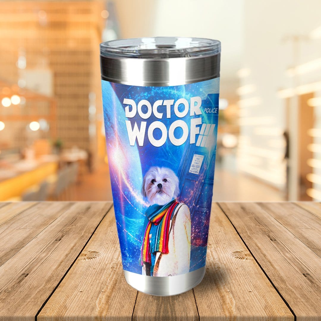 Personalized stainless steel tumbler with a Maltese dog in a "Doctor Woof" costume.