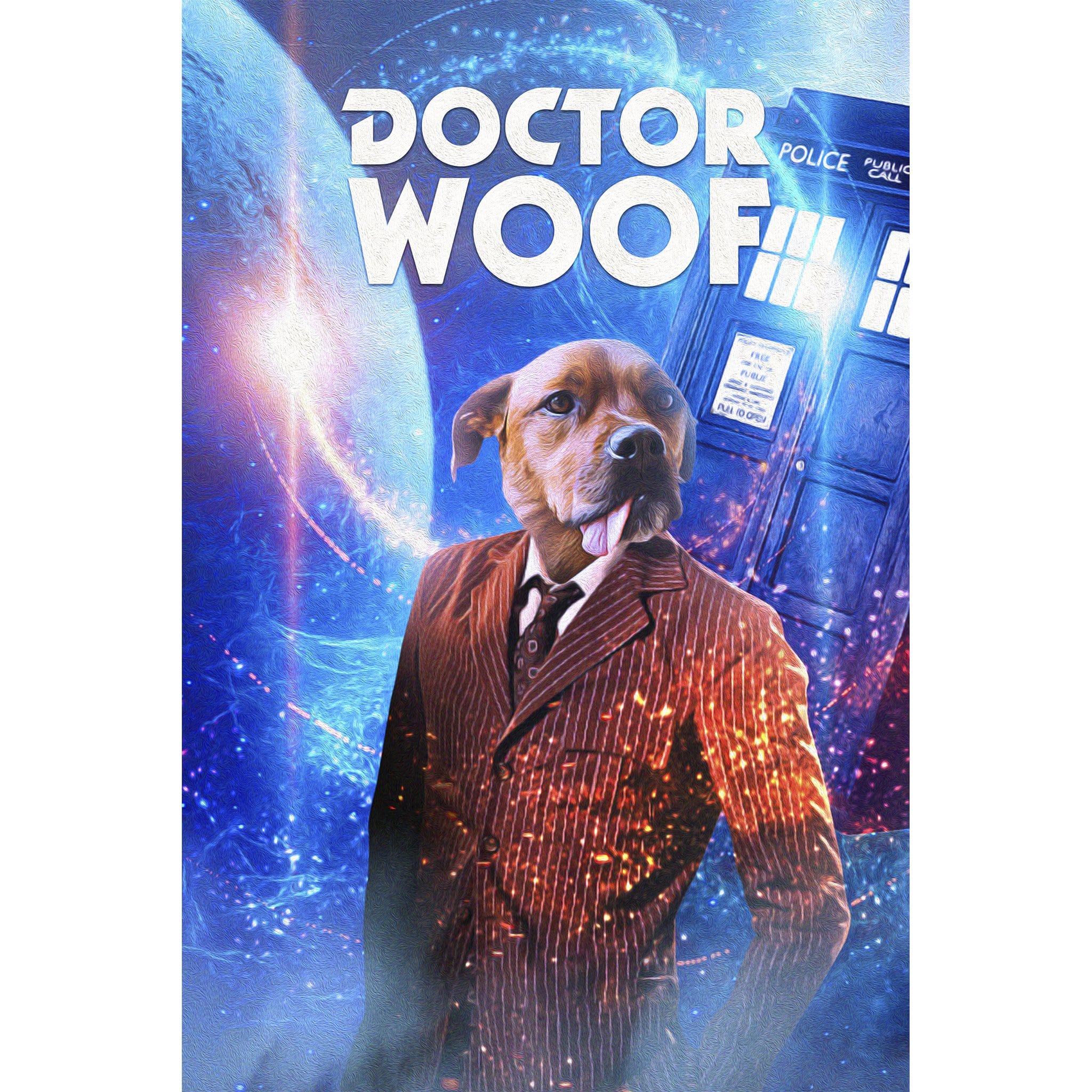 Custom digital portrait of a dog as 'Dr. Woof' in a suit, with a blue space background.