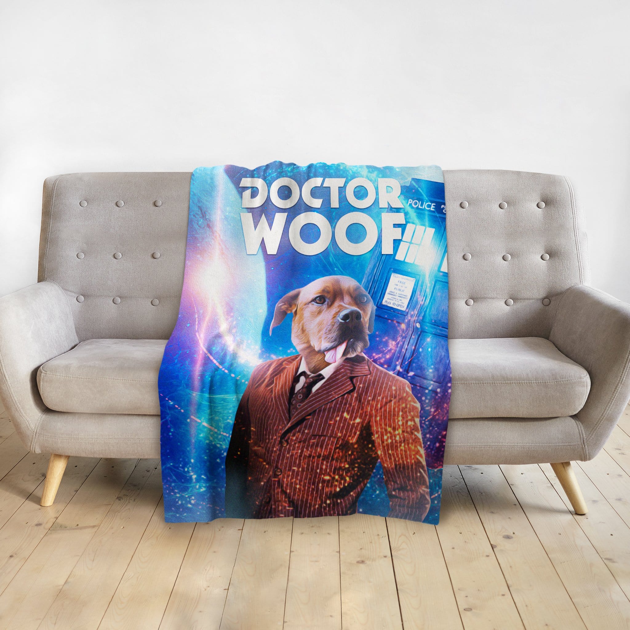 Custom Doctor Woof personalized pet blanket featuring a dog in a brown suit against a blue space background.