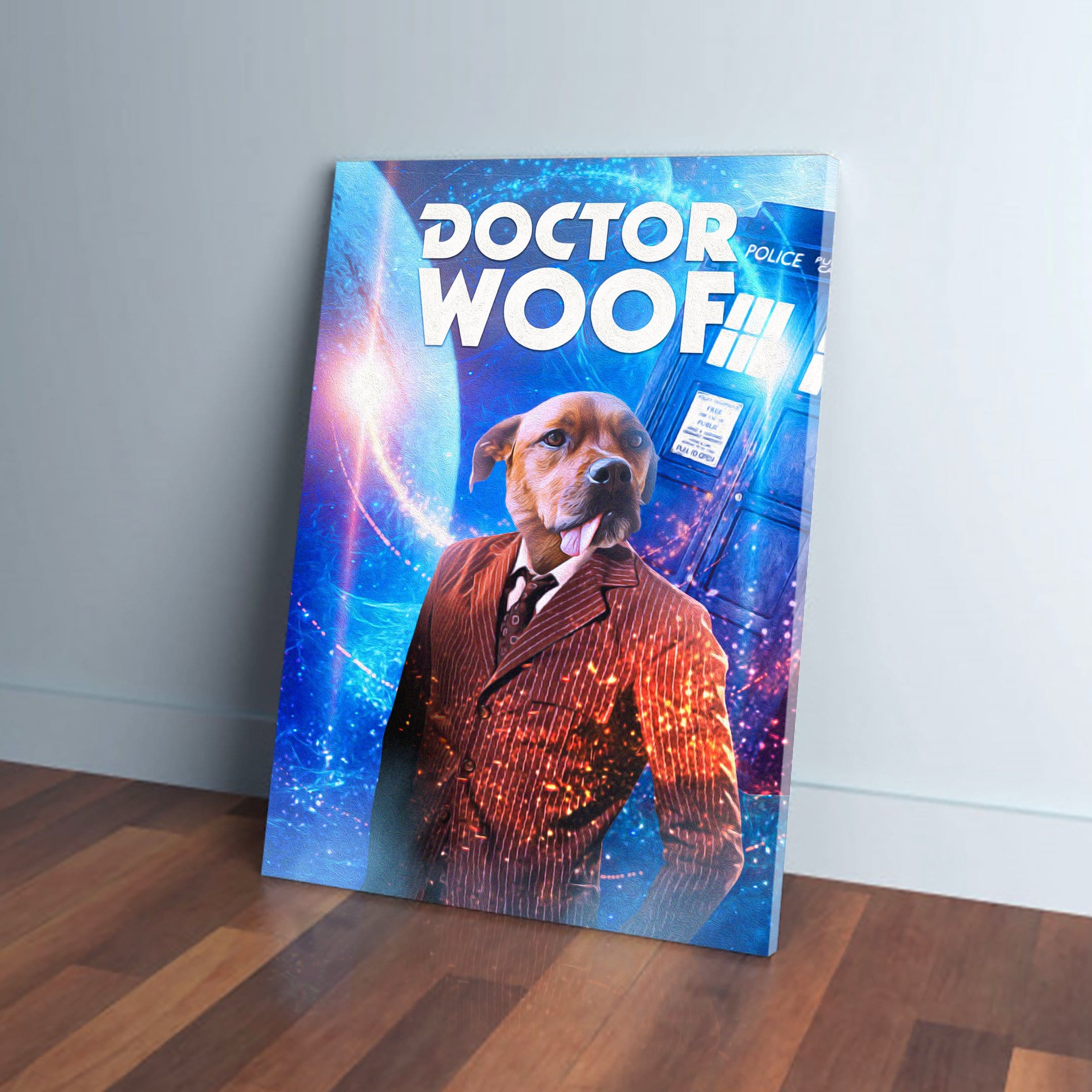 Personalized "Dr. Woof" pet canvas featuring a dog in a brown suit against a blue space background.