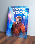 Personalized "Dr. Woof" pet canvas featuring a dog in a brown suit against a blue space background.