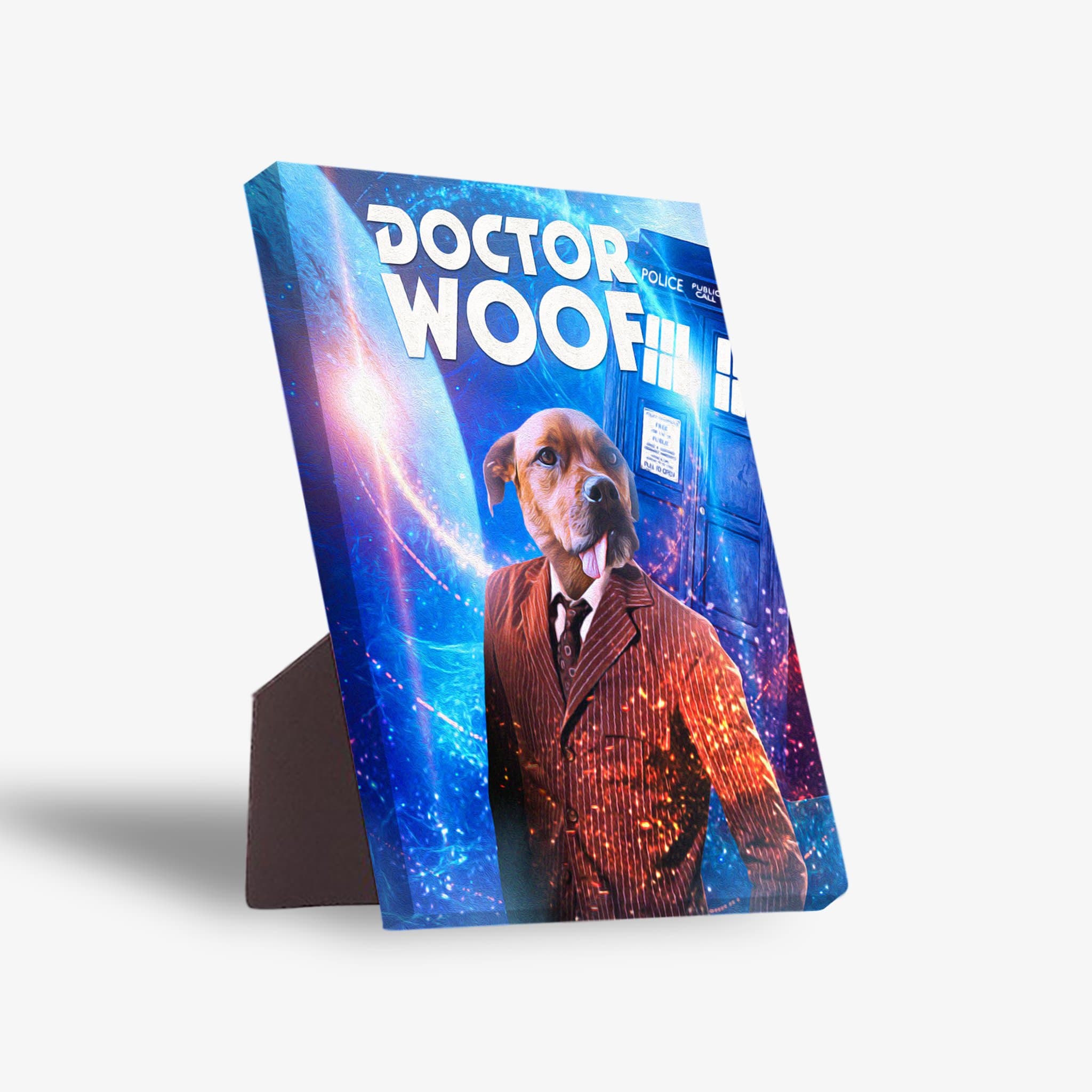 Personalized "Dr. Woof (Male)" pet portrait canvas featuring a dog in a brown suit, standing against a blue space background with a police box.