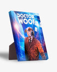 Personalized "Dr. Woof (Male)" pet portrait canvas featuring a dog in a brown suit, standing against a blue space background with a police box.