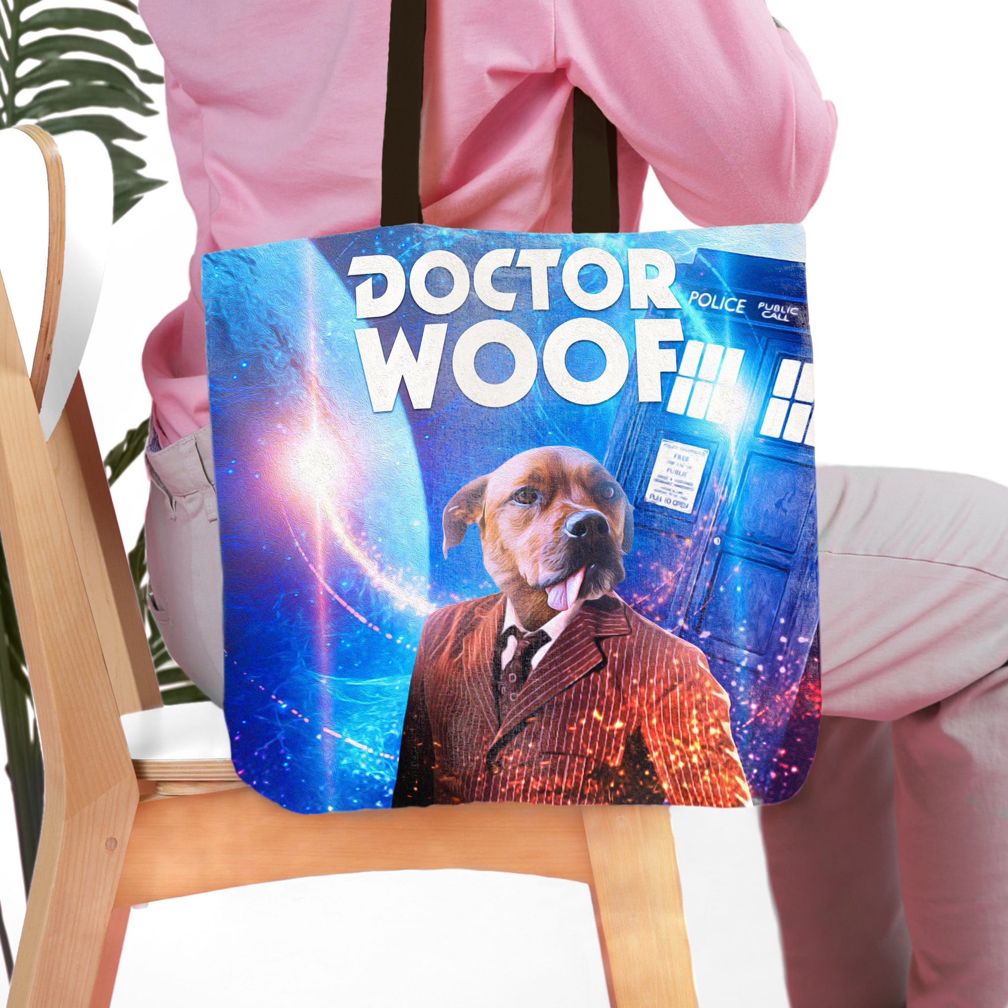 Personalized "Dr. Woof" tote bag featuring a custom dog portrait in a Doctor Who-inspired design.
