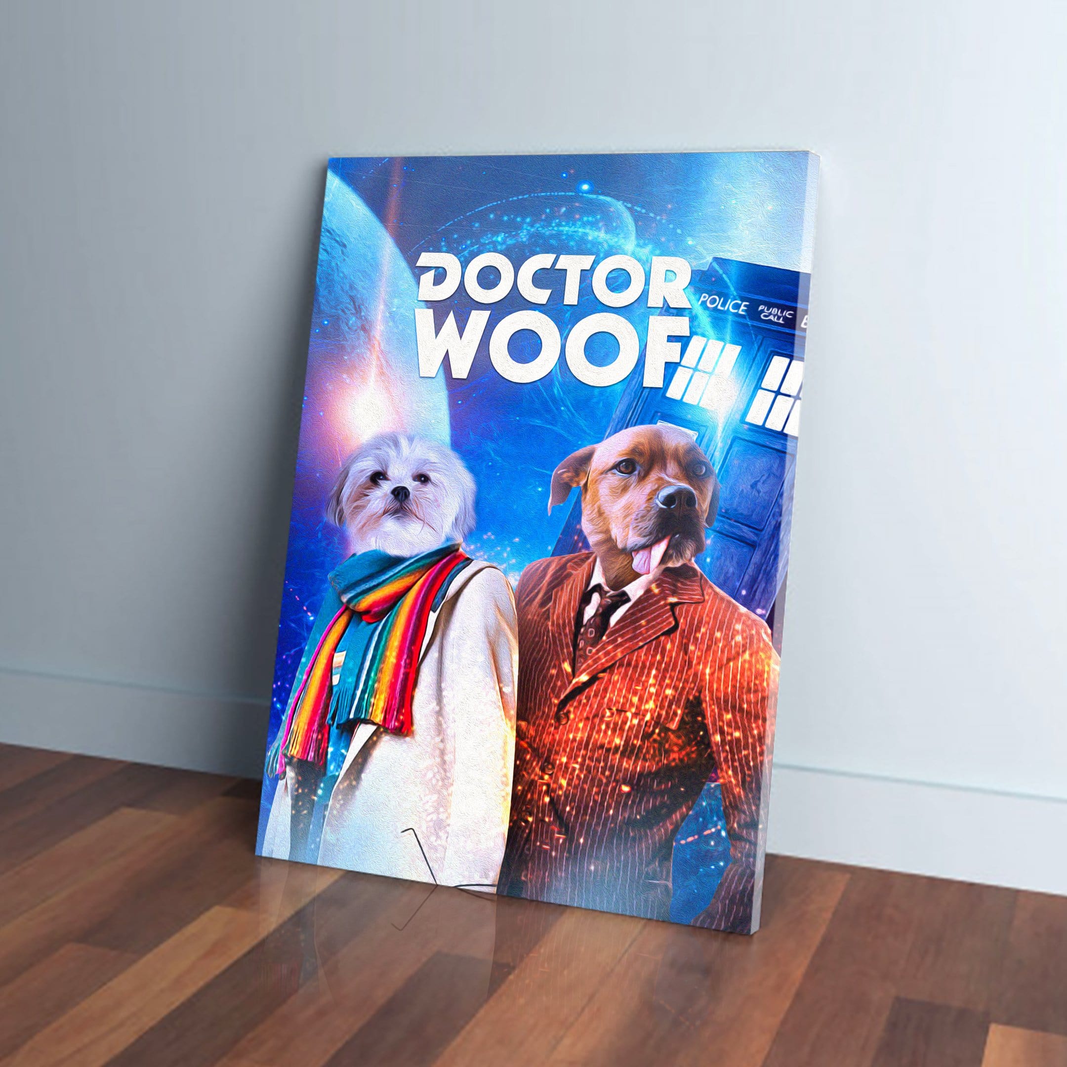 Personalized 'Dr. Woof' canvas featuring two pets dressed as Doctor Who characters, leaning on a wall.