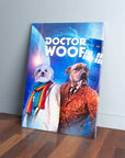 Personalized 'Dr. Woof' canvas featuring two pets dressed as Doctor Who characters, leaning on a wall.