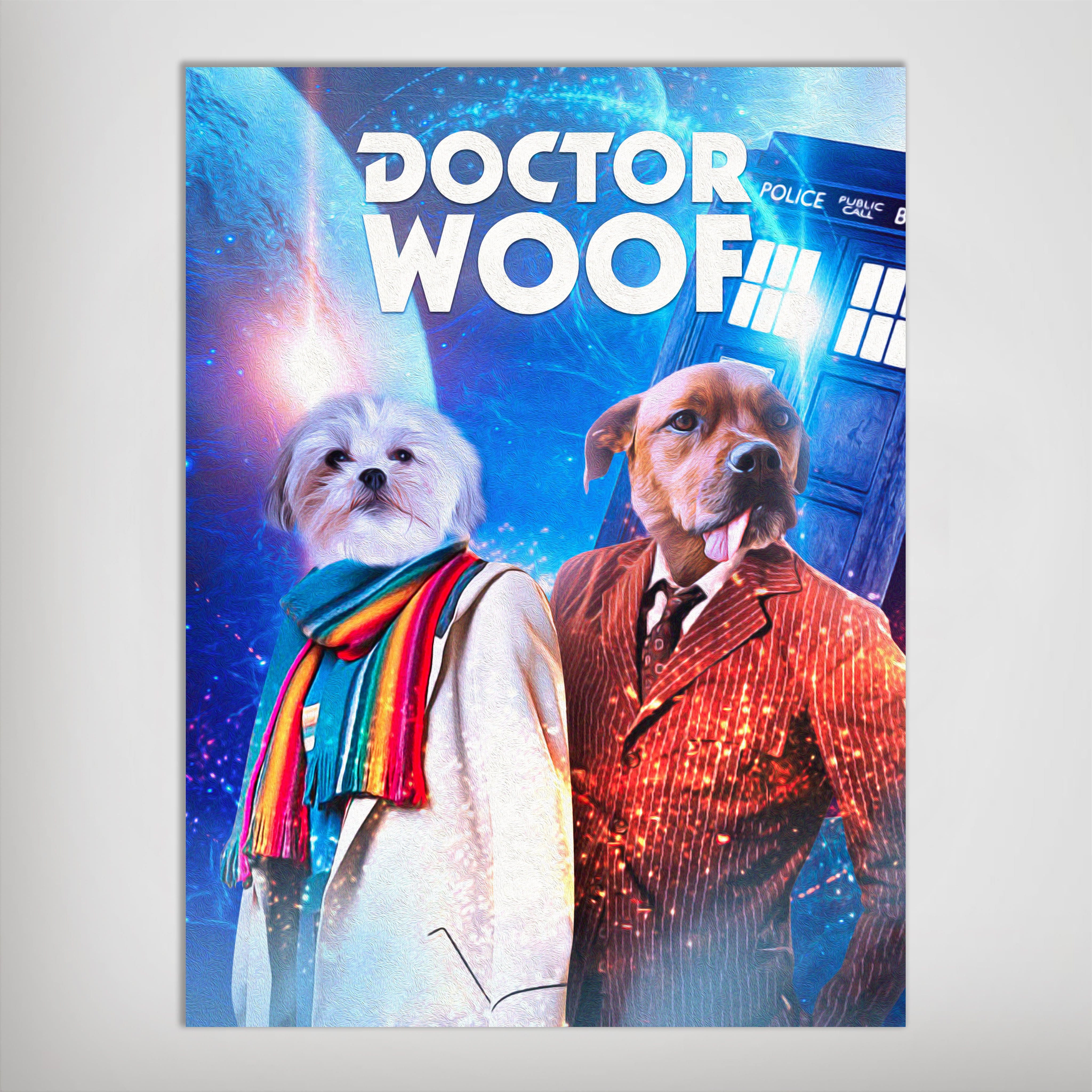 Personalized 'Dr. Woof' poster featuring two pets as Doctor Who characters, a white dog in a scarf and a brown dog in a suit, against a blue space background with a TARDIS.