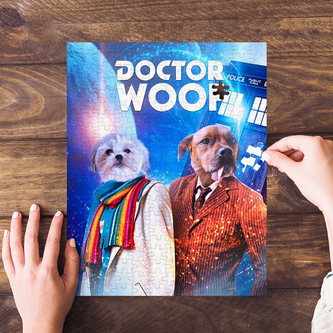 Personalized "Doctor Woof" puzzle featuring two custom pet portraits in Doctor Who-inspired outfits.