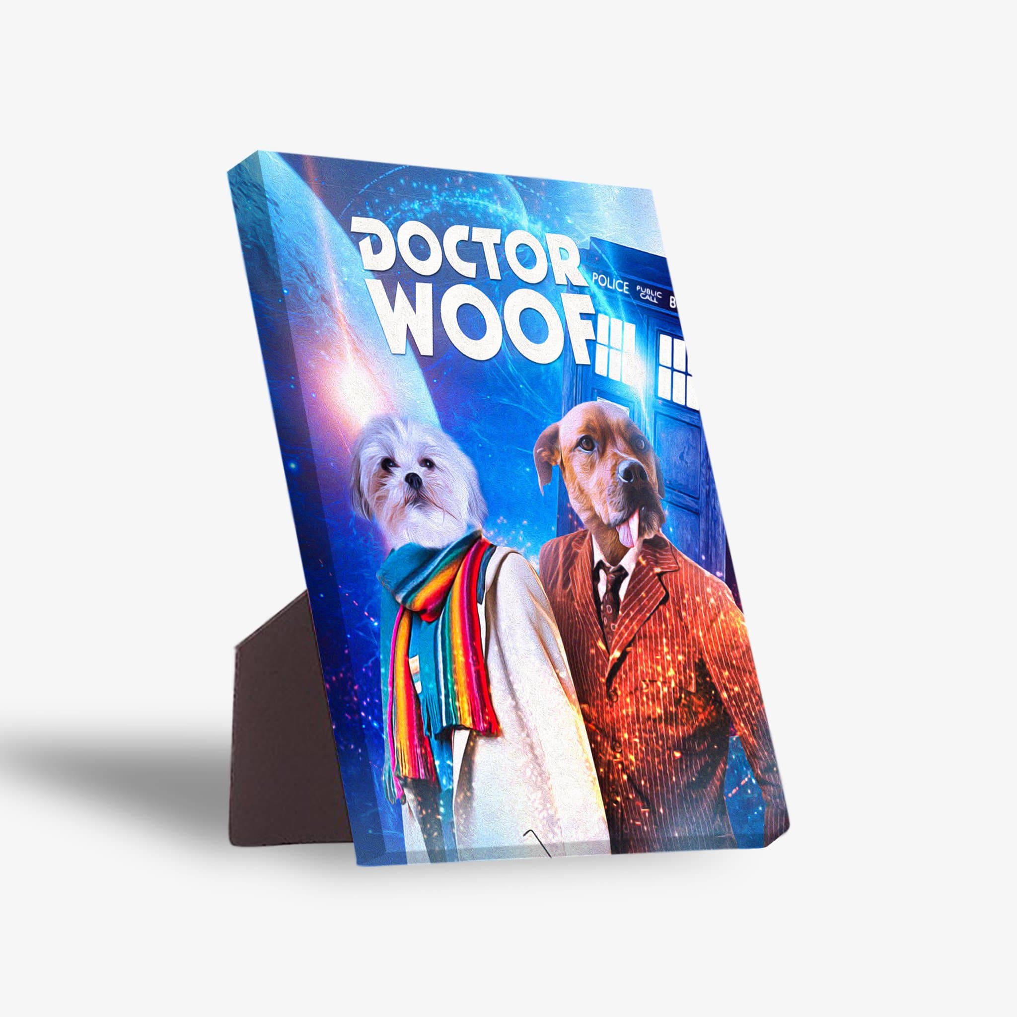 Dr. Woof" personalized standing canvas featuring two pets dressed as Doctor Who characters, with a vibrant blue background.