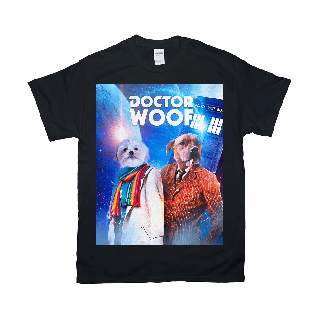 Black Gildan t-shirt with a "Doctor Woof" graphic featuring two dogs dressed as Doctor Who characters.