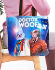 Personalized "Dr. Woof" tote bag with custom pet portraits in Doctor Who style, featuring a white dog and a brown dog.